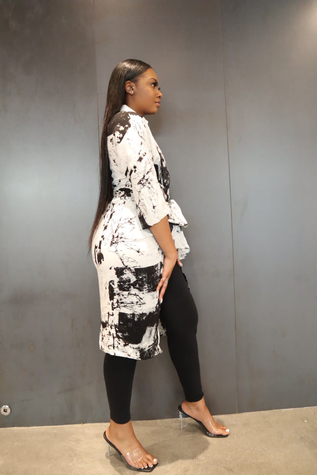 Jazz - Printed Button Down Satin Dress with Waist Tie Detail