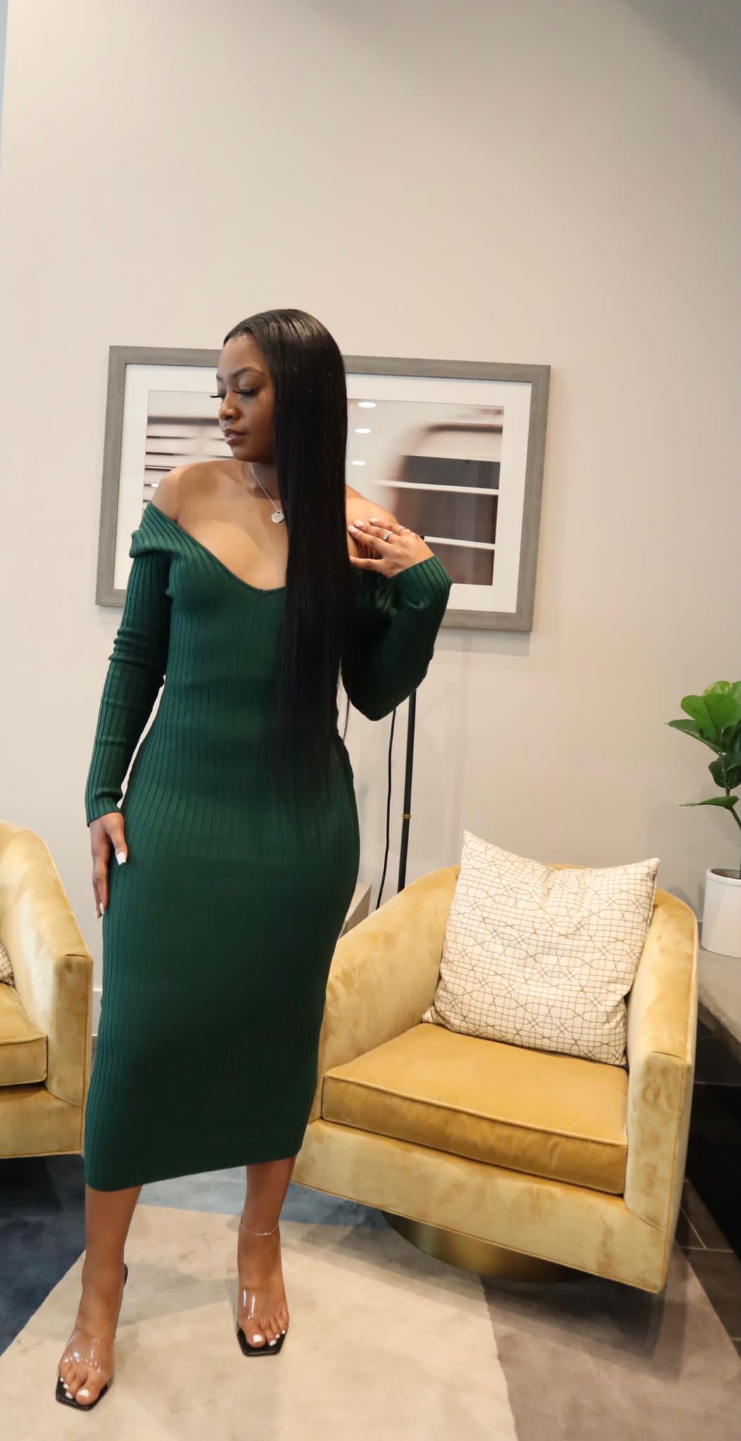 Sadie - Thick Long Sleeve V-neck Off the Shoulder, Long Bodycon Sweater Dress