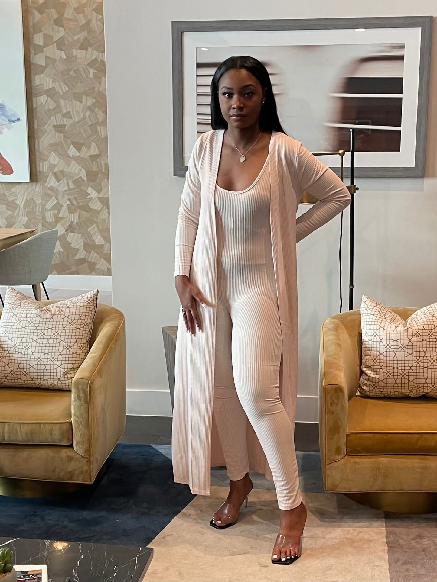 Kimberly Set - 2 Piece Set Solid Ribbed Skinny One-piece Jumpsuit with Coat