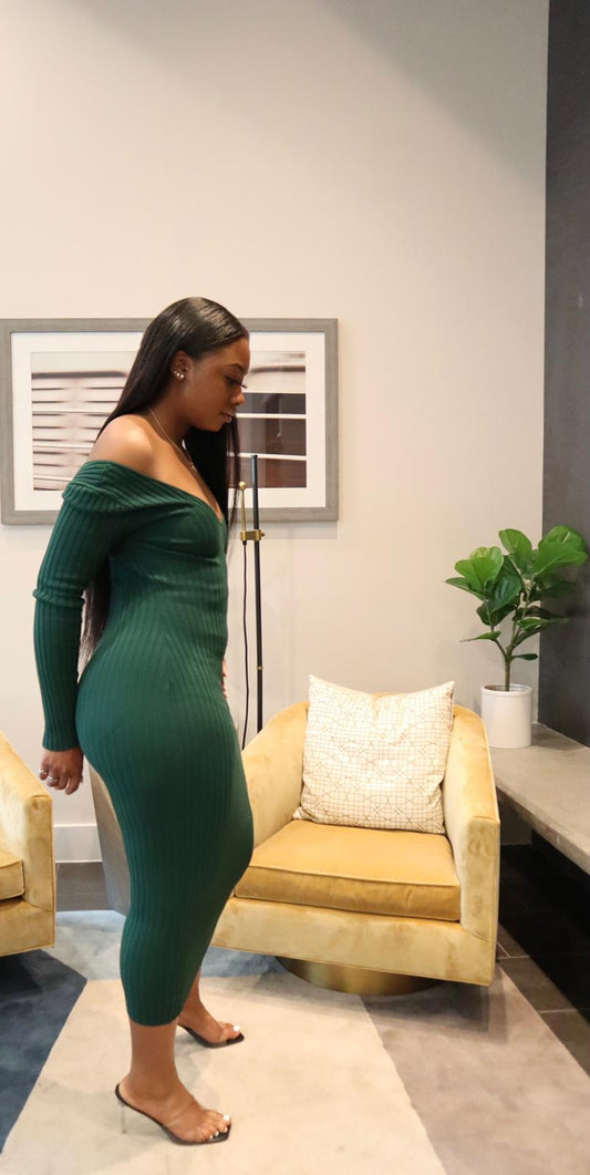 Sadie - Thick Long Sleeve V-neck Off the Shoulder, Long Bodycon Sweater Dress