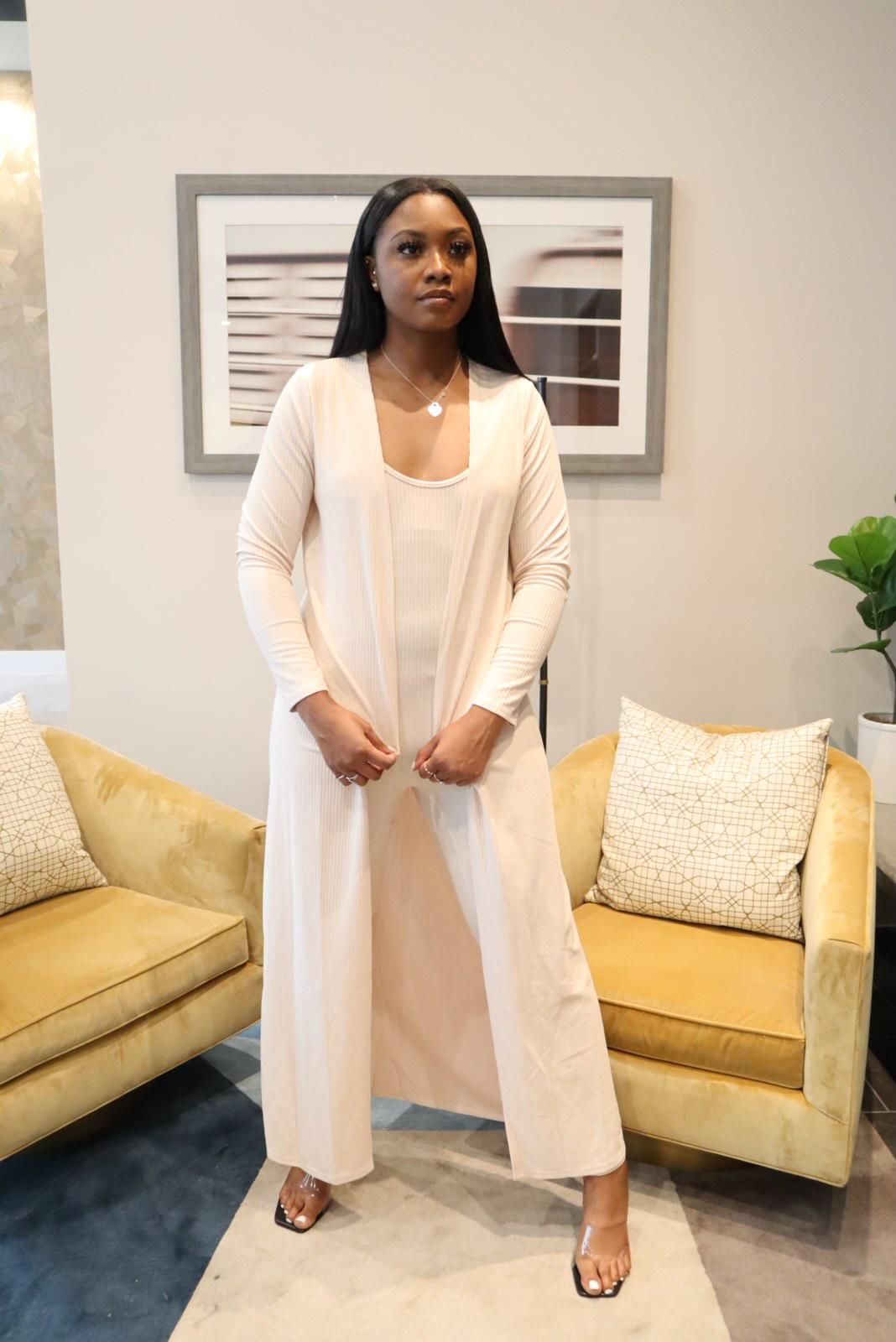 Kimberly Set - 2 Piece Set Solid Ribbed Skinny One-piece Jumpsuit with Coat