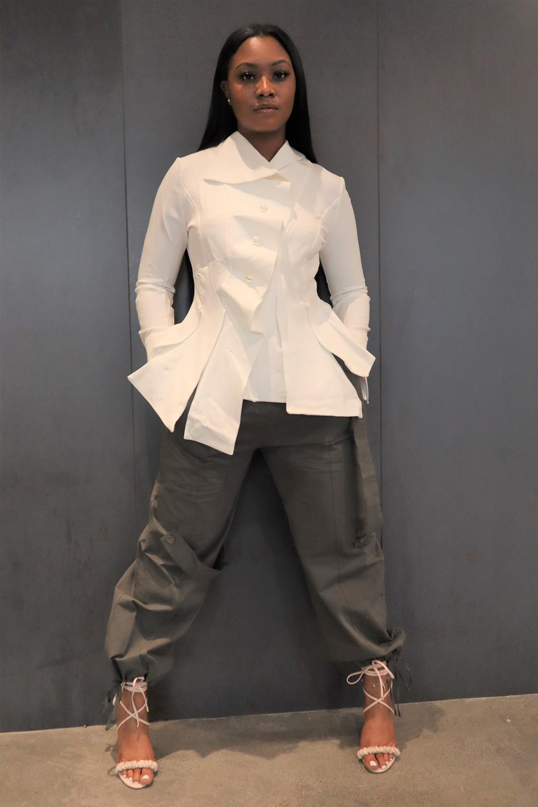 Shelby - Button Tapered Blouse with Pleated Front Asymmetrical Hem