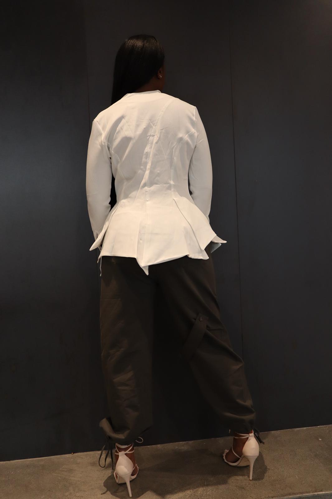 Shelby - Button Tapered Blouse with Pleated Front Asymmetrical Hem