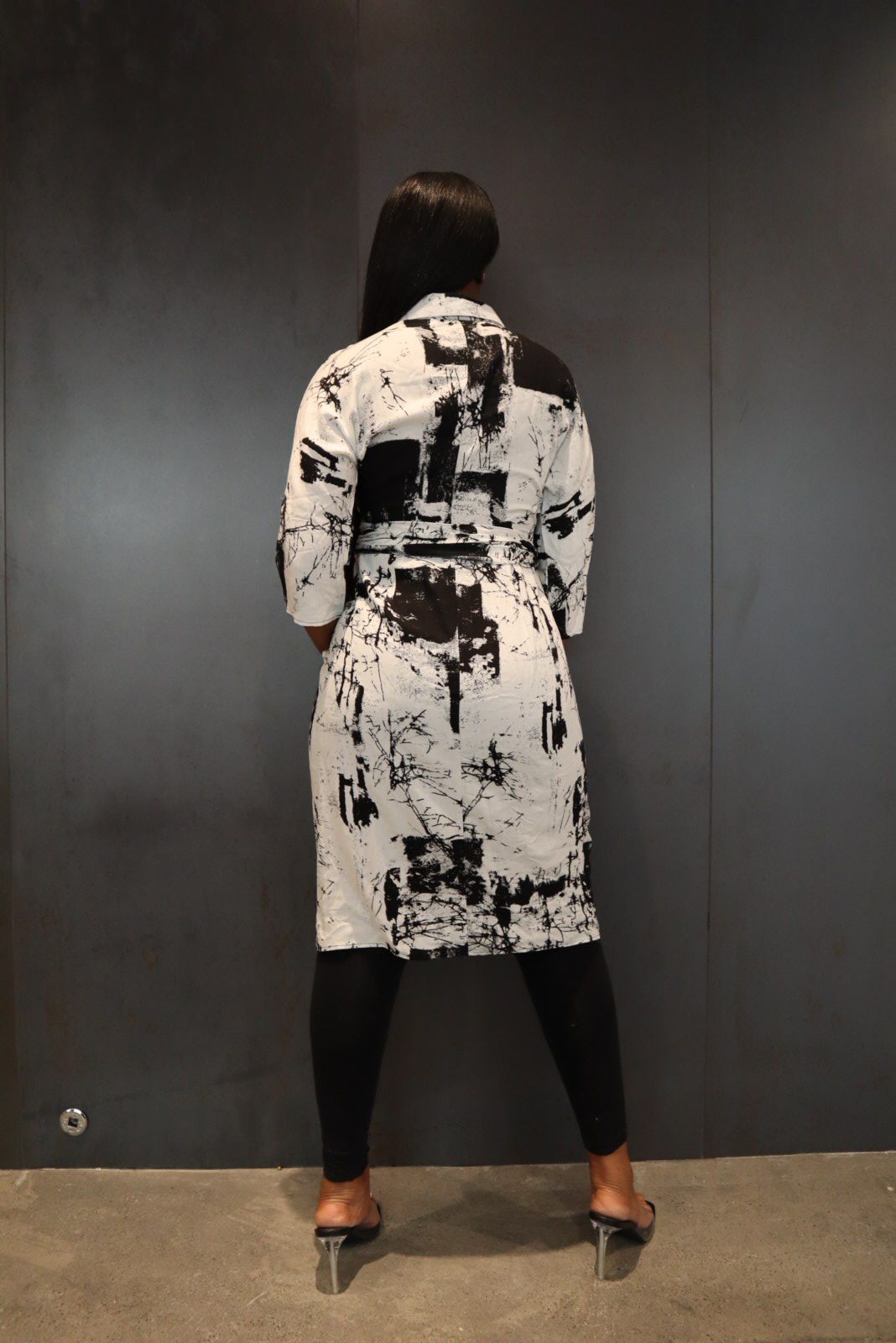 Jazz - Printed Button Down Satin Dress with Waist Tie Detail