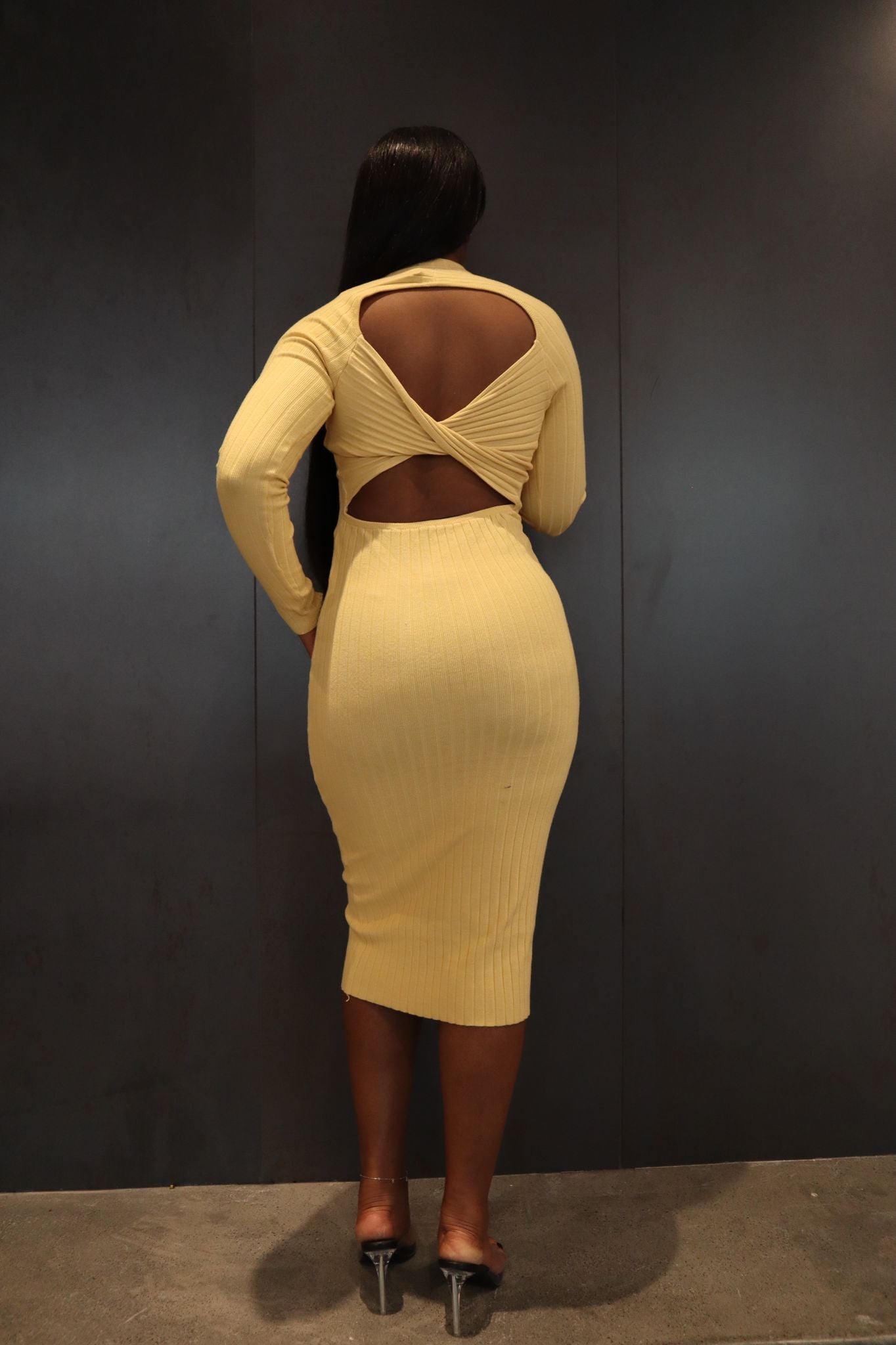 Kayla - Knotted Open Back Long Sleeve Bodycon Sweater Dress 'High Stretch'