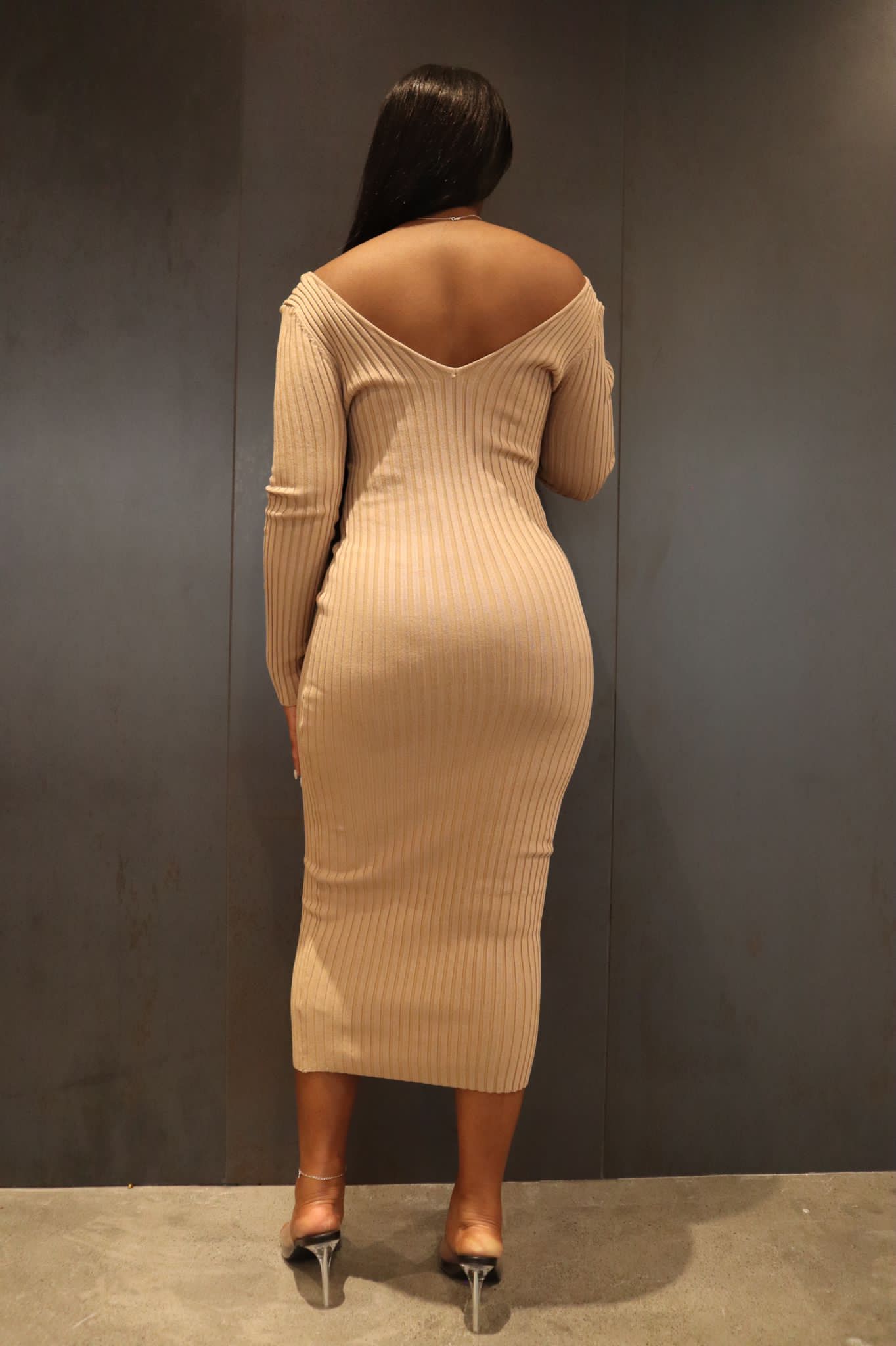 Sadie - Thick Long Sleeve V-neck Off the Shoulder Long Bodycon Sweater Dress