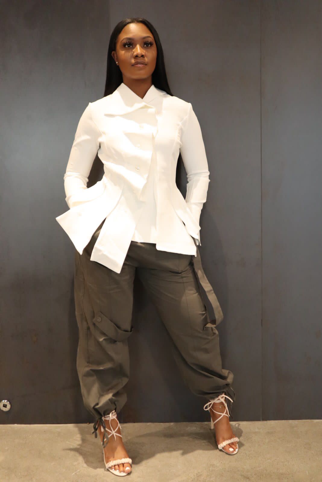 Shelby - Button Tapered Blouse with Pleated Front Asymmetrical Hem