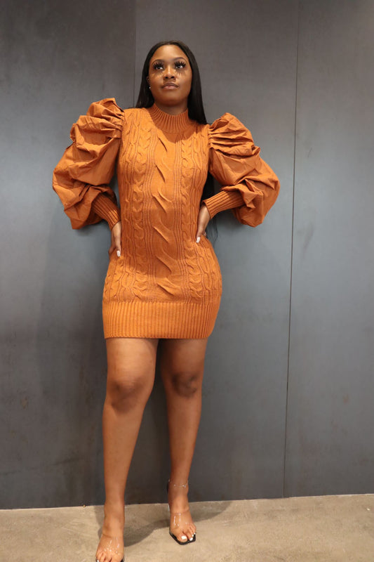 Amber - Puffy Sleeve Sweater Mini Dress