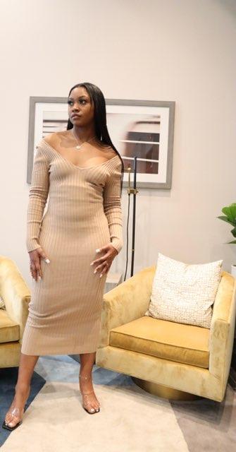 Sadie - Thick Long Sleeve V-neck Off the Shoulder Long Bodycon Sweater Dress