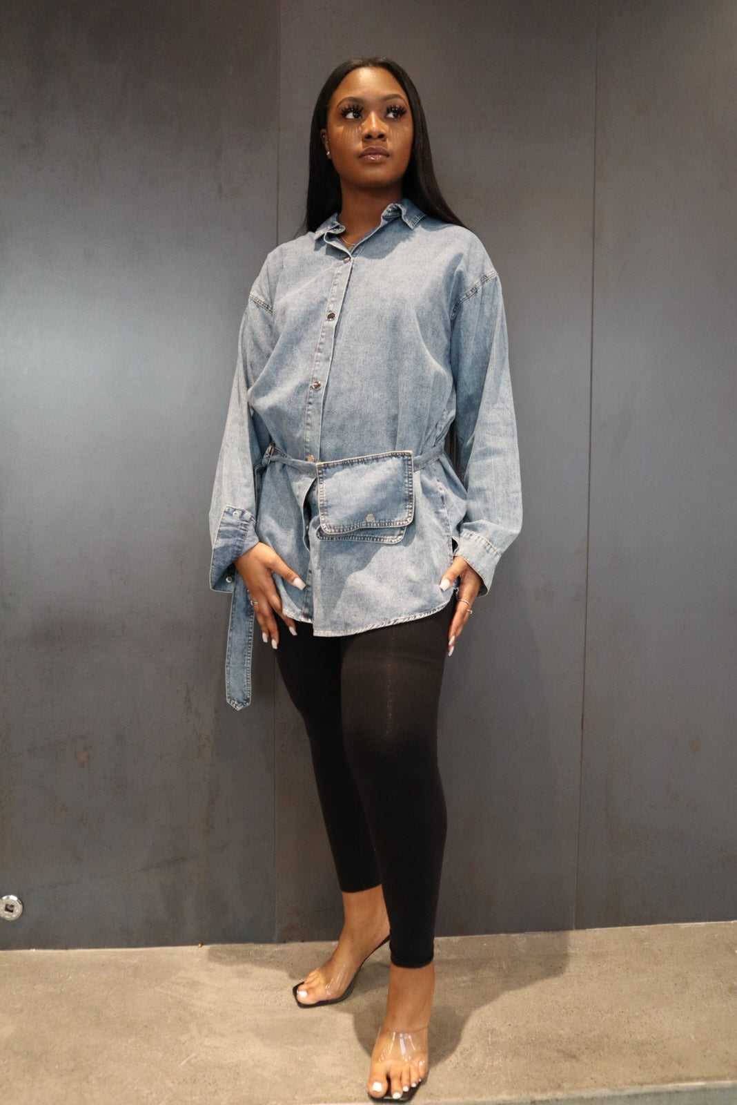Jess - Denim Oversized Shirt Dress with Pocket Belt